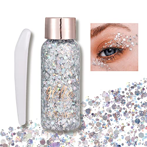 Glitter gel,Festival Glitzer Gesicht,Chunky Glitter Liquid Lidschatten Long-Lasting Body Glitter gel Körperglitzer Festival Zubehör Glitter für Gesicht Nägel Augen Lippen Haare DIY(Silber)