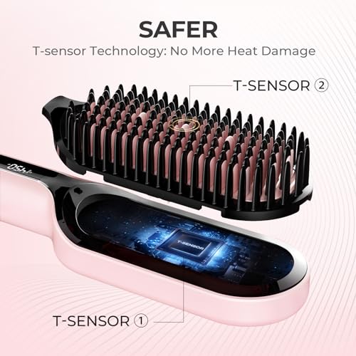 Image of TYMO Hair Straightener Brush - Upgraded Ionic Plus Straightening Brush with Dense Bristles, 16 Temps, Dual Voltage | Ceramic Hot Comb for Women | Flat Iron for Thick Curly Hair, Pink