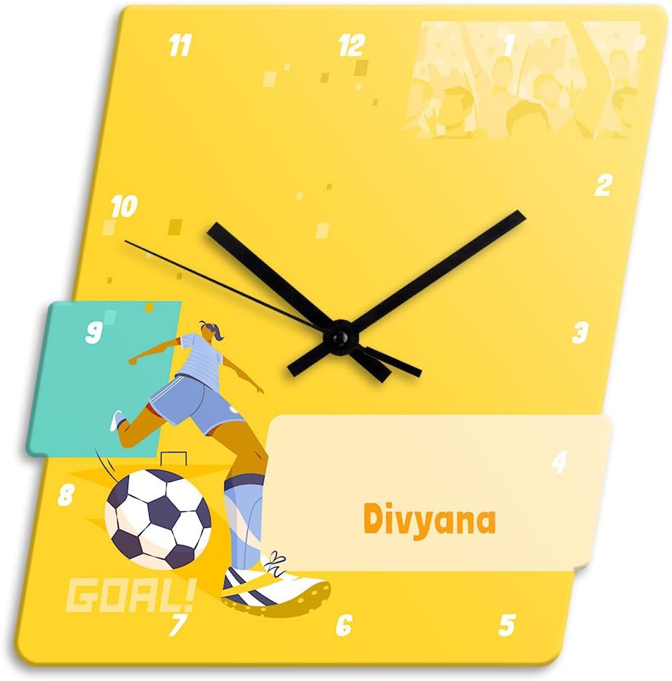 - Zooboo Personalized Analog Wall Clock, Custom Name Acrylic Silent Quartz Movement Wall Clock with Sleek Modern Design, Ideal for Birthdays (Design - Football Goals Girl), 30x30 cm, Multicolor