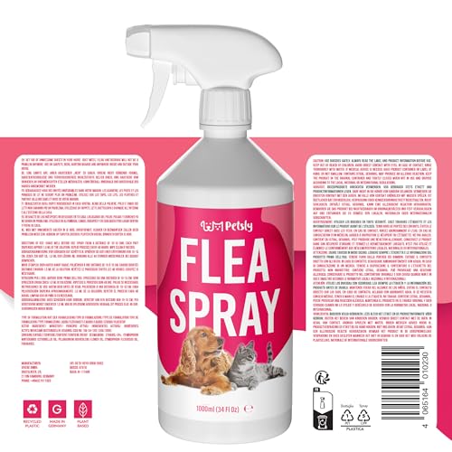 Petsly® Flohmittel Katzen, Hunde & Textilien -1L- Nicht färbend - Flohspray für Wohnung und Möbel - Langzeitschutz - mit natürlichen ätherischen Ölen wie Citronella- & Geraniol-Öl