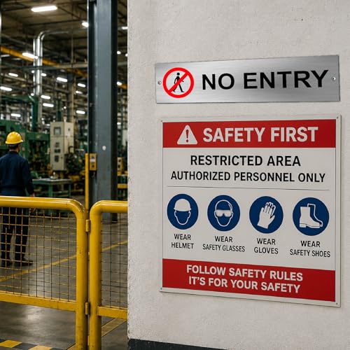 Image of Stainless Steel No Entry Sign Board for Office, Mall, Restaurant, Hotel, Factory & Commercial Areas | Waterproof Engraved Safety Signage Plate for Indoor & Outdoor Use