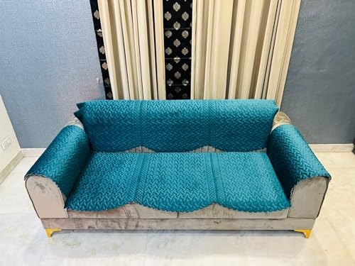 Image of 6-Piece Microsuede Sofa Cover Set for 5 Seater, 2 Seater, and L-Shaped Sofas (Green + 4 Arms)