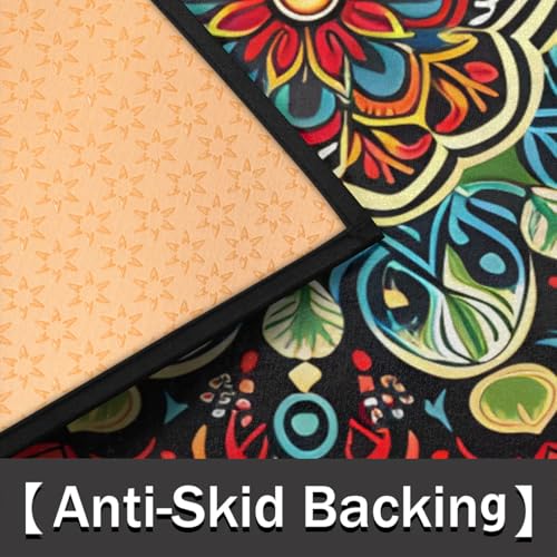 Image of Half Round Door Mat Ethnic Flower Colorful Mandala Non-Slip Semi Circle Area Rug Washable Half Moon Hearth Rugs for Indoor Outdoor Bathroom Kitchen Patio Runner Mat Laundry Room Home Decoration