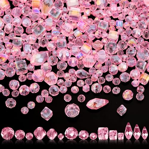 Kigeli 1280 Pcs Glass Beads Bulk Assorted Crystal Beads for Jewelry Making Faceted Teardrop Rondelle Briolette for DIY Crafts Necklace Wristband Earring Kit(Classic Pink)