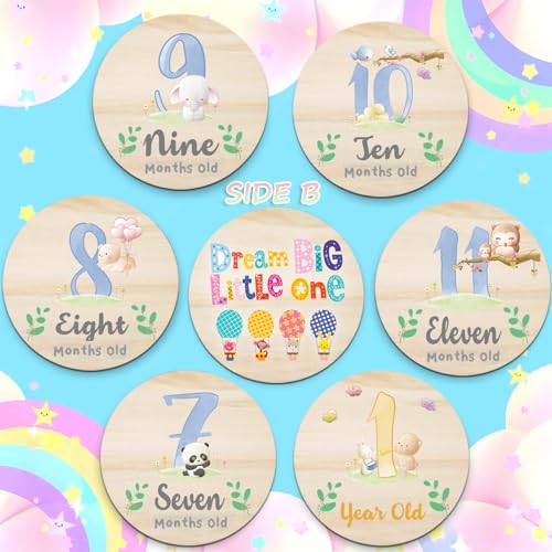 Image of Wooden Baby Monthly Milestone Cards with Birth Announcement Sign Newborn Photography Props Baby Shower Gifts for Boys and Girls (Monthly Milestone Circles)