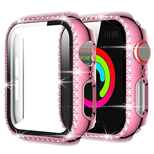 YOUULAR Diamond Case Compatible with Apple Watch Series 4/5/6/SE 40MM with Screen Protector, Glitter Hard PC Bumper Smart Watch Cases with Tempered Glass Film for Women, Pink