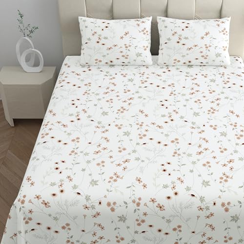 Image of LINENWALAS 100% Cotton Bed Sheet for Single Size Bed, Floral Printed Single Bedsheet with 1 Pillow Covers | 210 TC Soft, Breathable, Luxury Bedsheet (Crimson Flower, 60 x 90 Inches)