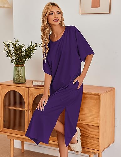 Image of Ekouaer Women's Nightgown Short Sleeve Sleepshirt Long Loungewear Casual Maxi Lounge Dress House Dresses with Pockets