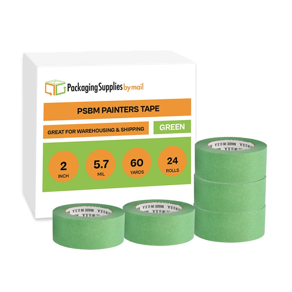 PSBM Green Painters Tape, 2 Inch x 60 Yards, 24 Pack, Bulk Multipack, Easy Tear Design, Masking Tape for Multi-Surface Use