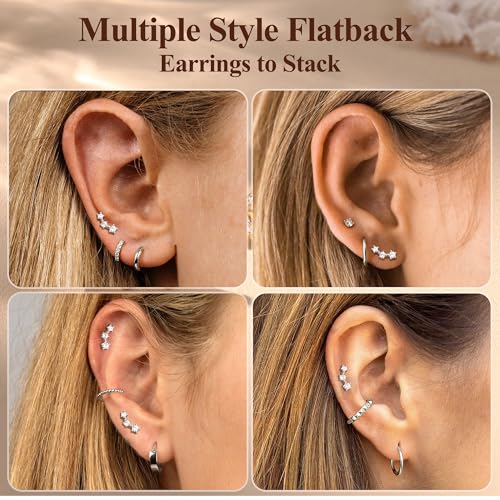 Flat Back Earrings for Women Sterling Silver Post Stud Earrings Cartilage Tragus Helix Piercing Jewelry Earring for Multiple Piercing Dainty 18K Gold Plated Flatback Stud Earrings3