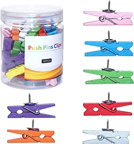 50 PCS Wood Push Pin Clips, Colorful Push Pins Decorative for Cork Board Bulletin Board Pins Thumbtack Cork Board Offices Accessories