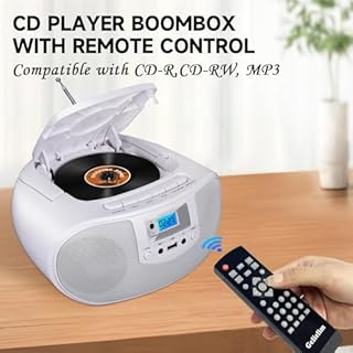 Gelielim Portable Stereo CD Player Boombox, FM Radio with Bluetooth, Remote Control, Headphone, Mic Jack, LED Light Support CD-R/RW/MP3, USB, AC/Battery Operated, Gift for Elderly, White