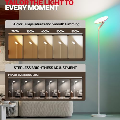 Image of Honeywell LED Floor Lamp 3000LM Full-Spectrum Torchiere Reading RGB Remote