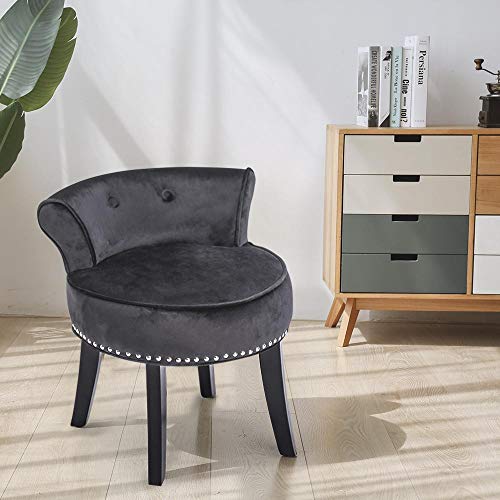 Velvet Makeup Vanity Chair and Stool for Bedroom with Roll Back Button and Rivet Deco Padded Bench Legs for Women and Girl Dressing Table Black