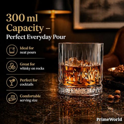 Image of PrimeWorld Timeless European Crystal Whiskey Glasses Set of 6 pcs- 300 ml Bar Glass for Drinking Bourbon, Whisky, Scotch, Cocktails, Cognac- Old Fashioned Cocktail Tumblers