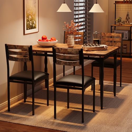 Image of Garvee 5 Piecs Dining Table Set, Farmhouse Style Dining Table and Chairs Set for 4, Dining Set for Dining Room Kitchen Apartment, Brown