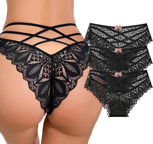 Image of Womens Sexy Thongs Lace Panties Underwear Low Rise Plus Size Underpants Pack of 1-3