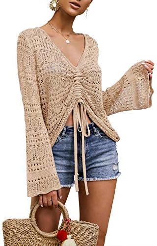 Saodimallsu Damska koszulka oversize, dekolt w serek, flowy Crochet Bell Sleeve Boho, seksowna bluzka z falbankami, morela, L