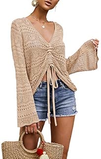 Saodimallsu Damska koszulka oversize, dekolt w serek, flowy Crochet Bell Sleeve Boho, seksowna bluzka z falbankami, morela, L