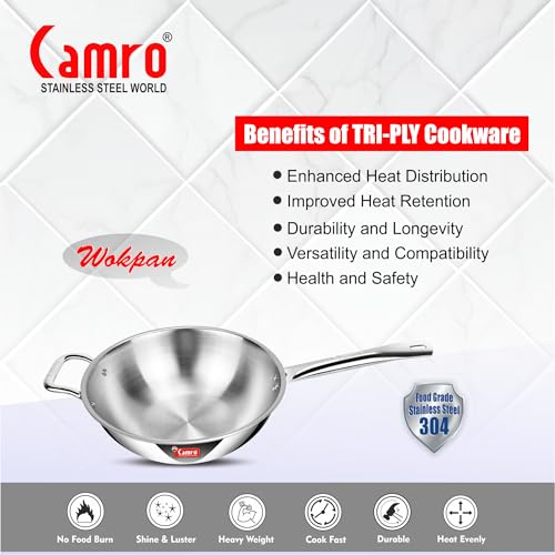Image of Camro Triply Artisian Wok Pan 28 Cm, 5 Liters | Heavy-Duty Kadai for Noodles, Fried Rice Perfect Grip Traditional Chinese Cooking | Dishwasher Safe | 6 Years Warranty
