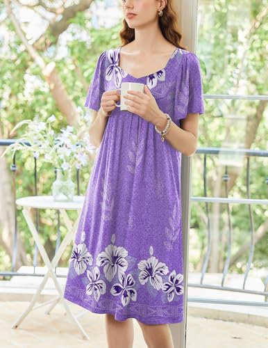 Image of Ekouaer Women's House Dress - Pleated Nightgown with Short Sleeves & Pockets