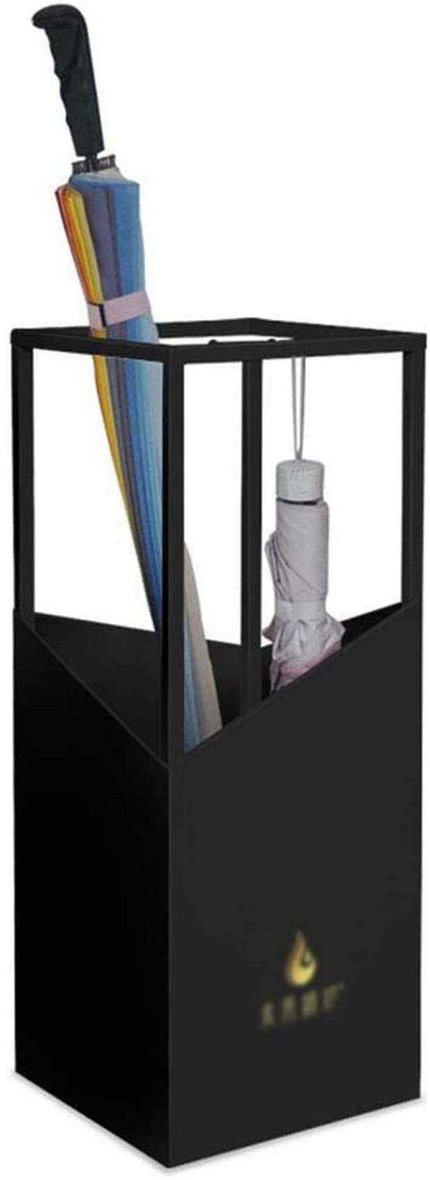 Porte-parapluie en métal noir avec bac d'égouttage amovible et crochets pour l'entrée