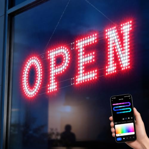 Image of 32 x 10 Inch LED Open Sign for Business - Timer via BT APP & Remote Control, Ultra Bright Open Sign with 14 Flash Modes, 6 Dimming Levels & 6 Speed Control for Salon Cafe Restaurant (Red & white)