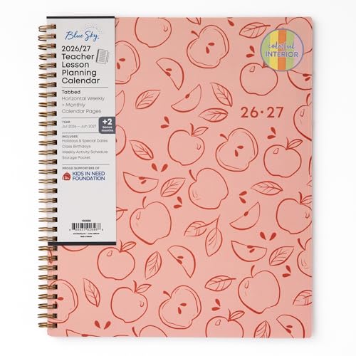 Blue Sky 2026-2027 Weekly and Monthly Academic Year Teacher Lesson Planner Calendar July 2026 - June 2027 8.5 x 11 Flexible Cover Wirebound Laminated Tabs Storage Pocket Apple Sketch