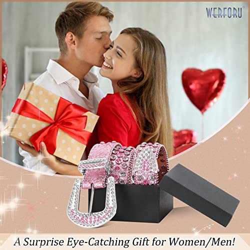 Werforu Women Western Rhinestone Studded Leather Belt Cowgirl Bling Waist Belt For Jeans Dress, Pink,Fit Waist Size 27-31 Inches #TOP4