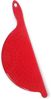 Handy Housewares Hand Held Plastic Pot Drainer, Pasta Noodle Veggie Strainer with Handle - Fits up to 9" Pot - Red