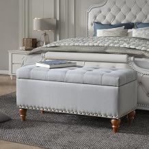 Ottoman Storage Bench, recessed Support Hinge top Easy to Open, Rivet Trim Around, Bedroom, Entrance, Living Room, Linen Gray
