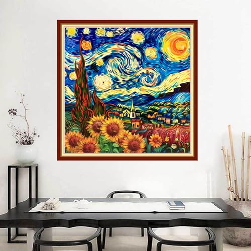Image of Joyhoor Stamped Cross Stitch Kits for Beginners Needlepoint Kits for Adults Embroidery Kits 11CT Counted Cross Stitch Kits Printed Embroidery Pattern-Van Gogh Starry Sky Flowers 18x18 inchs