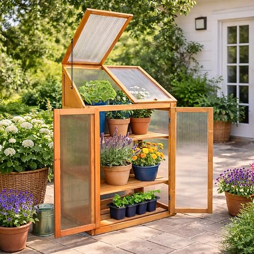 Garden Mile Invernadero grande de madera de 3 niveles para jardín, marco frío transparente resistente para exteriores, policarbonato para cultivar casa, jardín, invernadero al aire libre, flores y