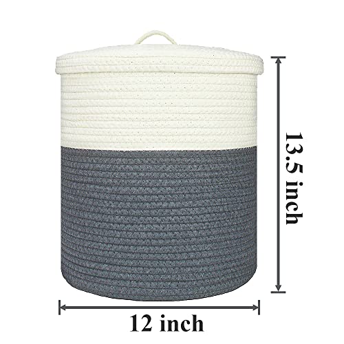 Yimi's Dream Storage Basket With Lid, Cotton Rope Woven Storage Basket, Small Storage Bins, Nursery Organizers And Storage, Baby Toy Laundry Basket (White & Grey, 12D X 13.5H Inches) #TOP4