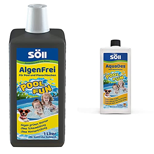 Söll 31130 AlgenFrei Pool Fun Algenmittel Reinigungsmittel flüssig 1 l - wirksamer Poolreiniger & 31430 AquaDes Pool-Desinfektion flüssig 1 l - wirksame Poolreinigung Wasserpflege