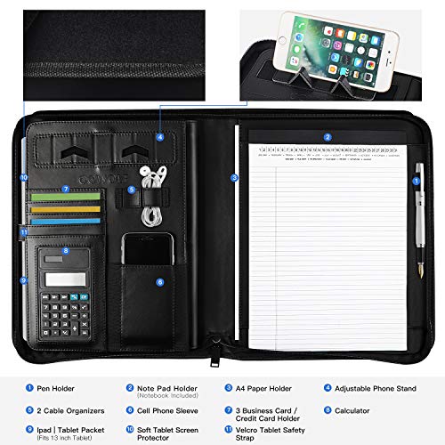 OOWOLF Zippered Padfolio Portfolio Folder, Leather Interview Resume Document Organizer with Adjustable Phone Stand, Solar Calculator, Writing Pad Business Resume Portfolio Binder for Women Men