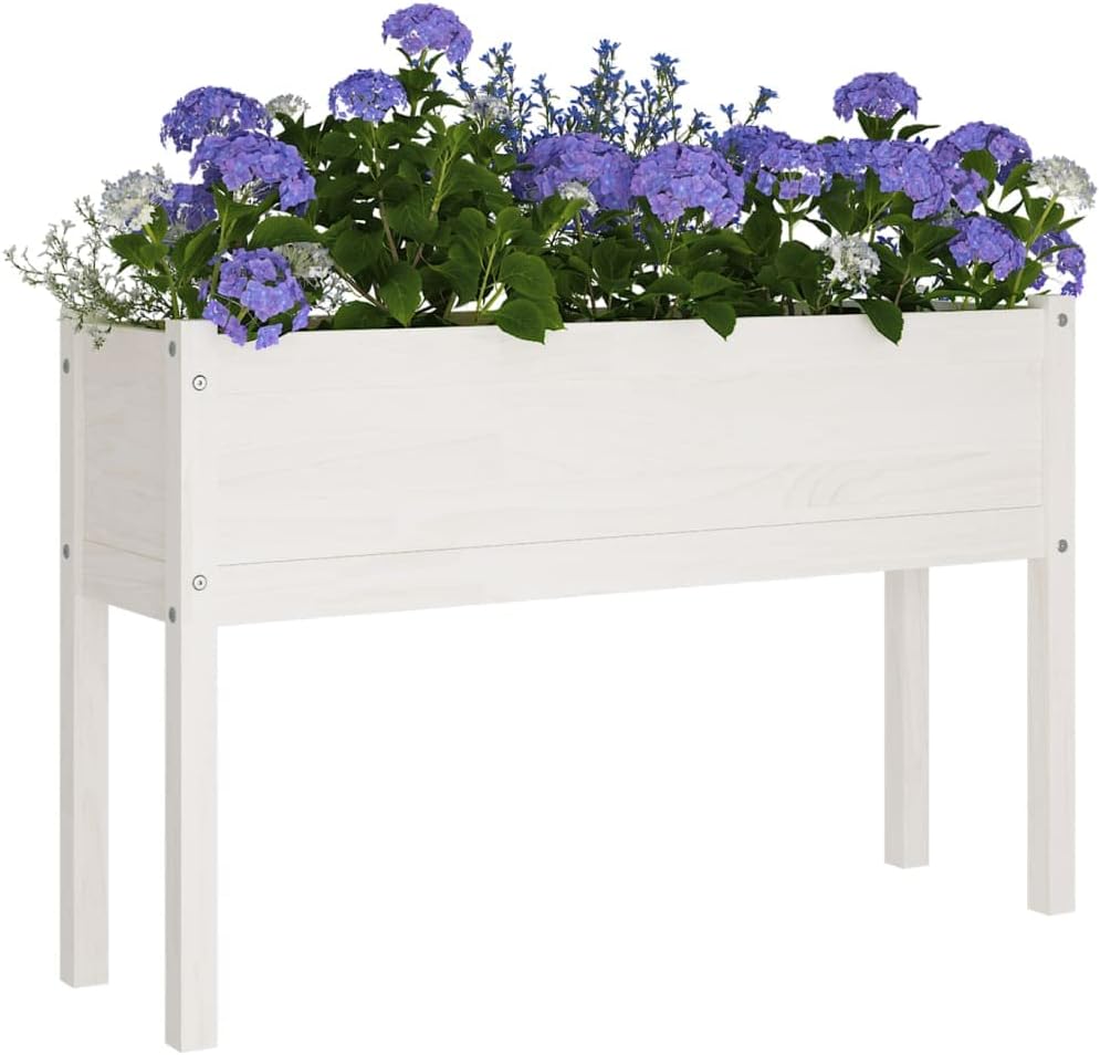 Large White Rectangular Solid Pine Wood Outdoor Planter Box 43.3 x 12.2 x 27.6 in Raised Garden Bed for Patio Balcony Gardening