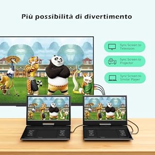 YOTON Lettore DVD portatile da 16.9" con schermo girevole HD da 14.1", con 1.8m Caricatore per Auto, Funzione di riproduzione memoria, supporto USB/SD [Blu-ray non supportato]