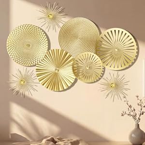 8 Pcs Gold Wall Decor Modern Metal Decor Metal Starbursts Radial Plate Art Hanging Decorative Wall Decorations for Home Bedroom Bathroom Living Room Office Sculpture(Gold)