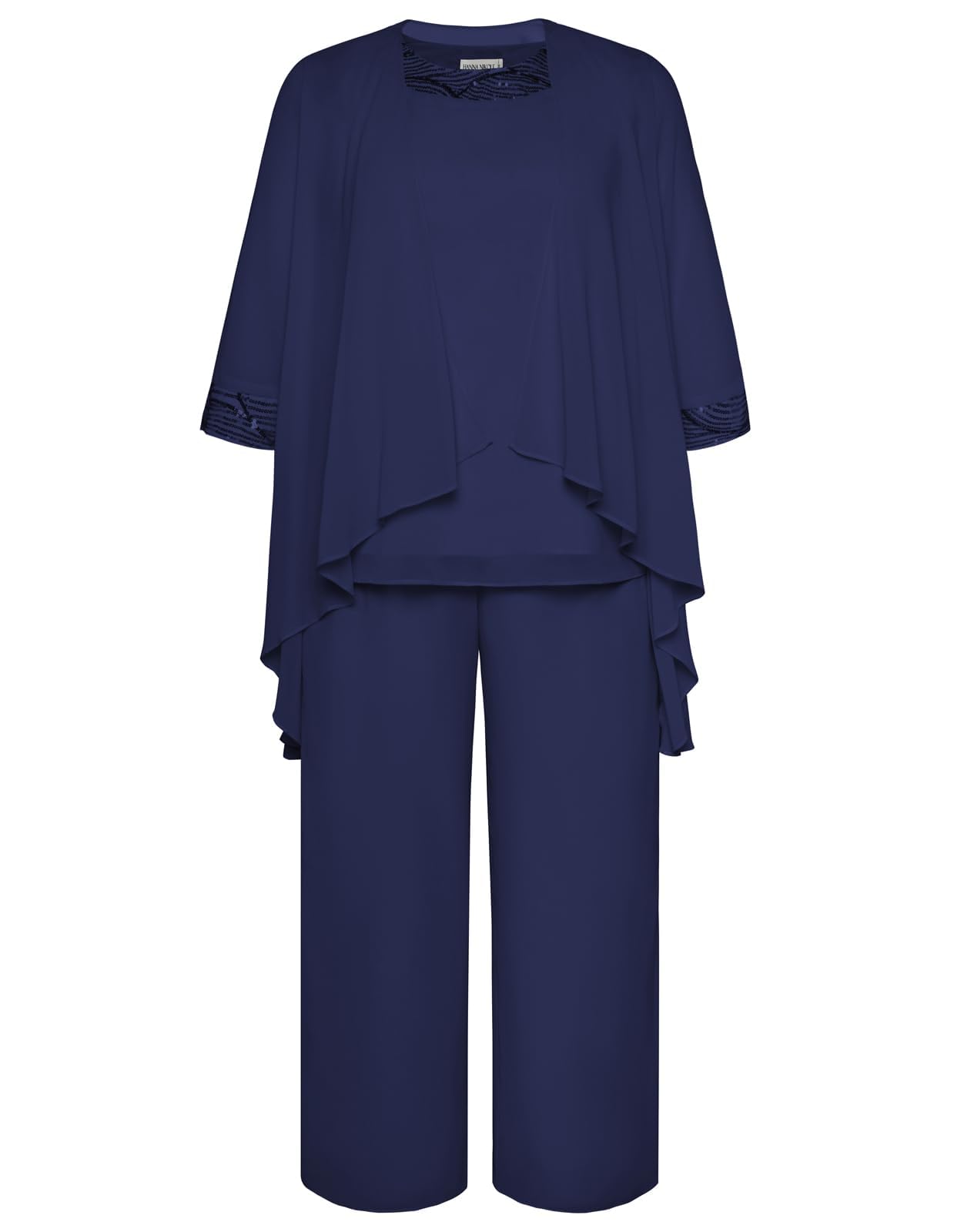 Hanna Nikole Damen Große Größen Chiffon Abendanzug Sets Cocktail Party Festlich Elegant 3-Teiliges Set Rundhals 3/4 Ärmel Und Hohe Taille Hosenanzug