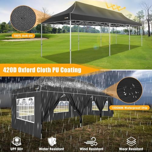 Image of HOTEEL 10x30 Heavy Duty Pop Up Canopy Tent with Sidewalls, Tents for Parties Commercial Party Tent Event Wedding Instant Canopy Waterproof with Carry Bag, UV 50+, Thicked Hexagonal Legs, Black