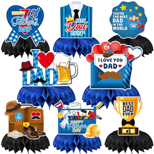 JULMELON 8PCS Fathers Day Party Decorations Honeycomb Centerpiece 3D Double Side Happy Fathers Day Centerpieces Table Decor for Party Dad Birthday Decorations Party Supplies
