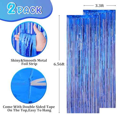 Image of Voircoloria 2 Pack Blue Foil Fringe Backdrop Curtains, Tinsel Streamers Party Decorations, Fringe Backdrop for Graduation, Disco Party
