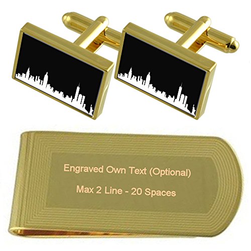 Gemelos de Nueva York color dorado y money clip grabado para bodas y eventos de gala