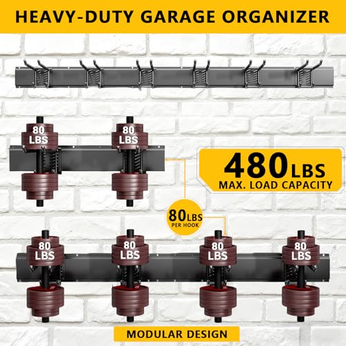 Garage-Tool-Organizer-Wall-Mount-48inch-Heavy-Duty-Garage-Storage-System-and-Garden-Tool-Organizer-with-6-Adjustable-Double-Hooks-for-Shovel-Snowboard-Yard-Tools-and-Shed