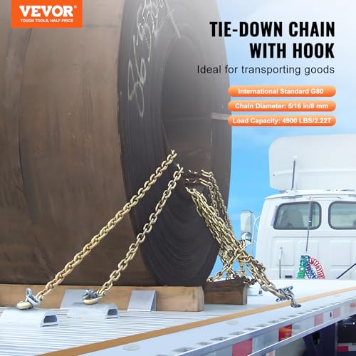 VEVOR G80 Transport Binder Chain, 5/16" x 14.2' Tow Chain with Clevis Grab Hooks, 4900 lbs Safe Working Load, Heavy Duty Trailer Logging Chain for Transporting Towing Truck Tie Down Binding Equipment by VEVOR - Image 2