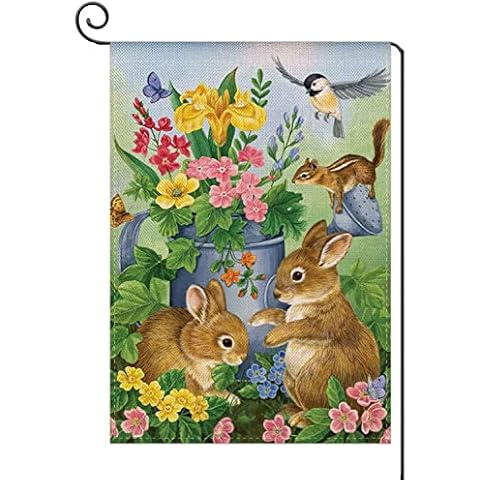 YaoChong Welcome Spring Cute Bunny Garden Flag Vertical Double Sided,Happy Easter Rabbit Bird Burlap Spring Small Garden Flag Farmhouse yard Outdoor Décor 12.5 x 18 Inch Cover