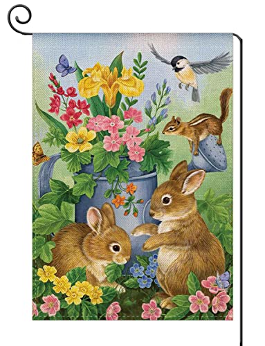 Yaochong Welcome Spring Cute Bunny Garden Flag Vertical Double Sided,Happy Easter Rabbit Bird Burlap Spring Small Garden Flag Farmhouse Yard Outdoor Décor 12.5 X 18 Inch #TOP2