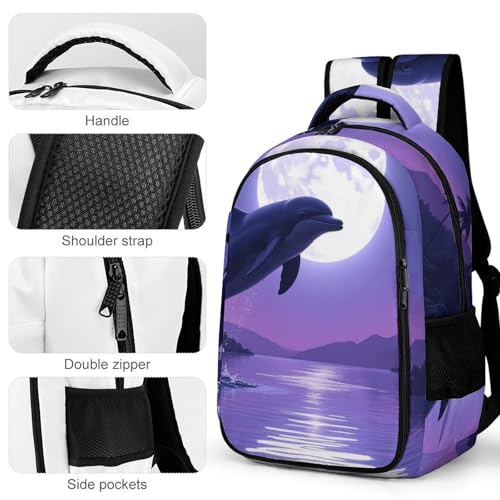 Unisex Backpack with Side Pockets, Women Men Durable Spacious Backpack, Full Moon Jumping Dolphin Art Purple Comfy Shoulder Bag for Travel, Daily Commuting4