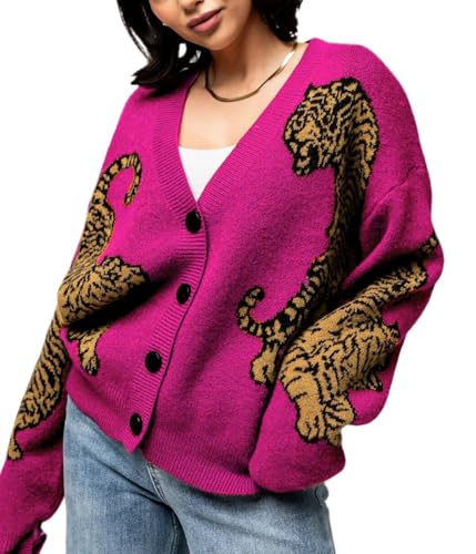FeMereina Women Tiger Print Cardigan Sweater Long Sleeve Button Down Knitwear Loose Fit Cropped Cardigan Cute Fall Streetwear (Purple, S)